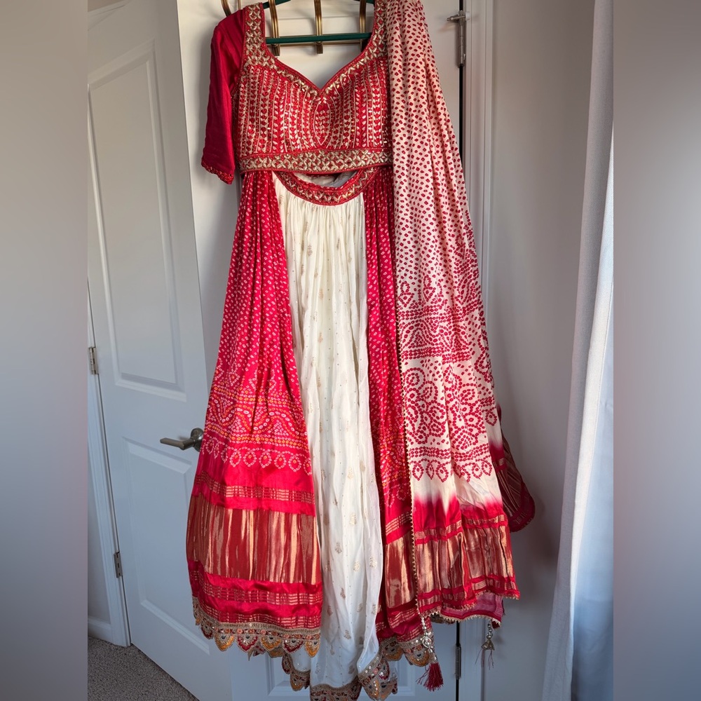 Vibrant Red/Pink and White Traditional Lengha Set